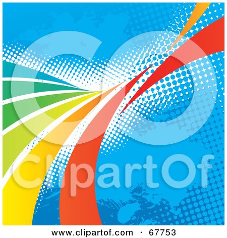 Royalty-Free (RF) Clipart Illustration of a Blue Halftone Background With Rainbow Curves by Arena Creative