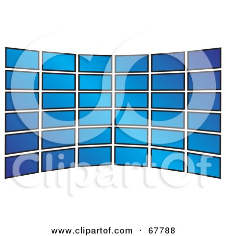 Royalty-Free (RF) Clipart Illustration of a Wall Of Blue Tv Screens Curving On White by Arena Creative