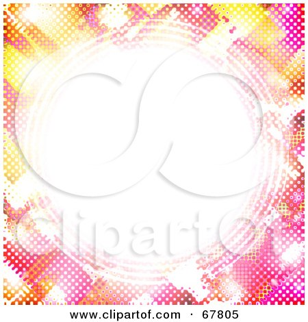Royalty-Free (RF) Clipart Illustration of a White Circle Bordered In Pink And Yellow Halftone by Arena Creative