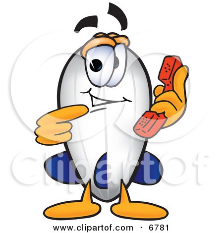 Clipart Picture of a Blimp Mascot Cartoon Character Holding and Pointing to a Telephone by Mascot Junction