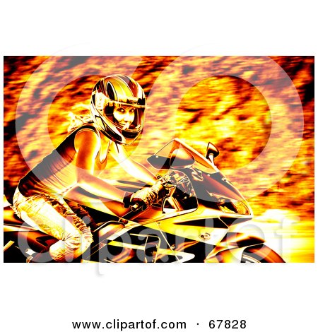 Royalty-Free (RF) Clipart Illustration of a Fiery Biker Chick On A Motorcycle by Arena Creative