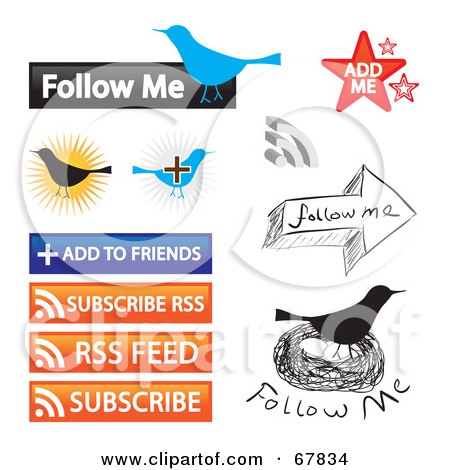 Royalty-Free (RF) Clipart Illustration of a Digital Collage Of Follow Me, Add Ot Friends, Subscribe Rss, Rss Feed And Subscribe Buttons by Arena Creative