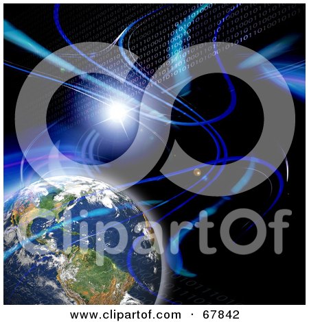 Royalty-Free (RF) Clipart Illustration of a Blue Fractal, Binary And Flare Earth Background On Black by Arena Creative