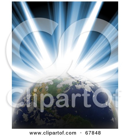 Royalty-Free (RF) Clipart Illustration of a Bright Blue Burst Behind Earth by Arena Creative