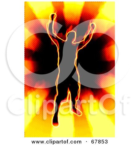 Royalty-Free (RF) Clipart Illustration of a Fiery Victorious Man Over A Sun Burst by Arena Creative