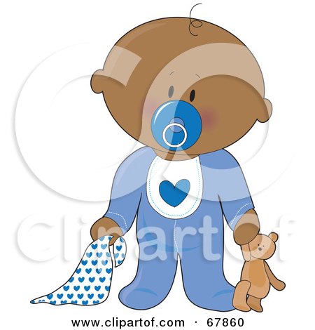 Royalty-Free (RF) Clipart Illustration of an Innocent Black Baby Boy With A Teddy Bear, Pacifier And Blanket by Maria Bell