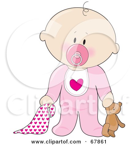 Royalty-Free (RF) Clipart Illustration of White Baby Girl With A Teddy Bear, Pacifier And Blanket by Maria Bell