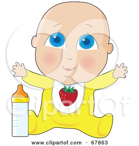 Royalty-Free (RF) Clipart Illustration of a Happy Blue Eyed Caucasian Baby In Yellow, Holding Out His Arms And Sitting With A Bottle by Maria Bell
