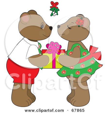 Royalty-Free (RF) Clipart Illustration of a Cute Bear Couple Holding A Gift And Preparing To Smooch Under Mistletoe by Maria Bell
