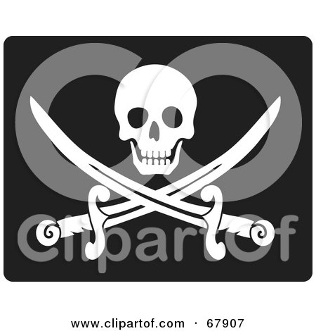 Royalty-Free (RF) Clipart Illustration of a White Skull Over Crossed Pirate Swords On Black by Rosie Piter