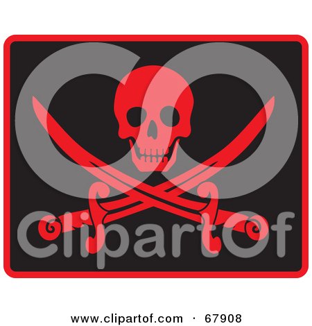 Royalty-Free (RF) Clipart Illustration of a Red Skull Over Crossed Pirate Swords On Black by Rosie Piter