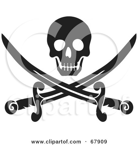 Royalty-Free (RF) Clipart Illustration of a Black Skull Over Crossed Pirate Swords On White by Rosie Piter