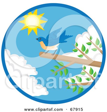 Royalty-Free (RF) Clipart Illustration of a Blue Bird Landing On A Branch With Green Foliage, Against The Sky by Rosie Piter