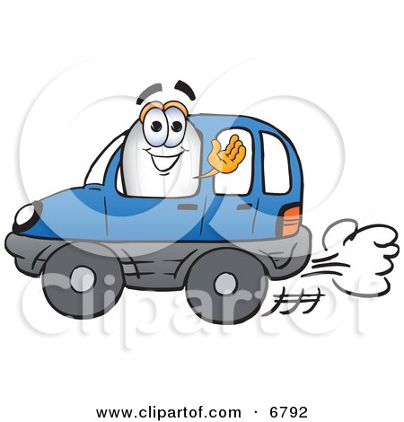 Clipart Picture of a Blimp Mascot Cartoon Character Driving a Blue Car and Waving by Mascot Junction