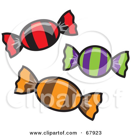 Royalty-Free (RF) Clipart Illustration of Three Hard Candies In Colorful Striped Wrappers by Rosie Piter