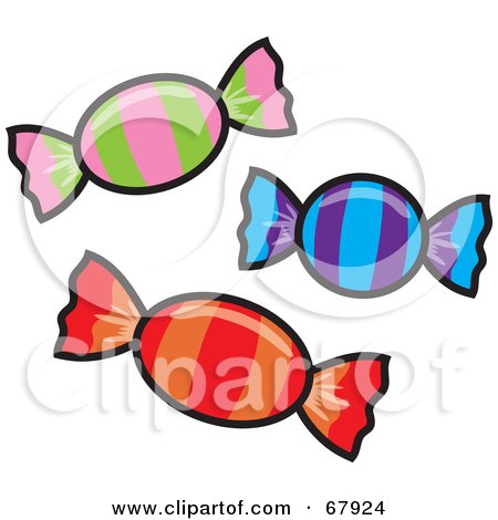 Royalty-Free (RF) Clipart Illustration of Three Hard Candies In Colorful Wrappers by Rosie Piter