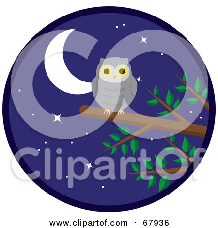 Royalty-Free (RF) Clipart Illustration of a Gray Owl Perched On A Tree Branch Under A Starry Night Sky by Rosie Piter