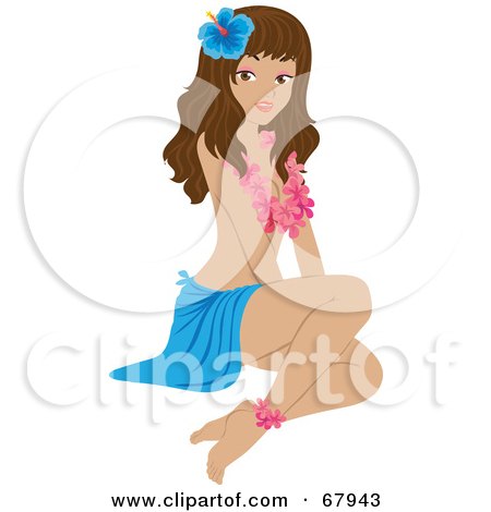 Royalty-Free (RF) Clipart Illustration of a Pretty Tropical Woman In A Floral Lei And Blue Skirt, Wearing A Hibiscus In Her Hair by Rosie Piter