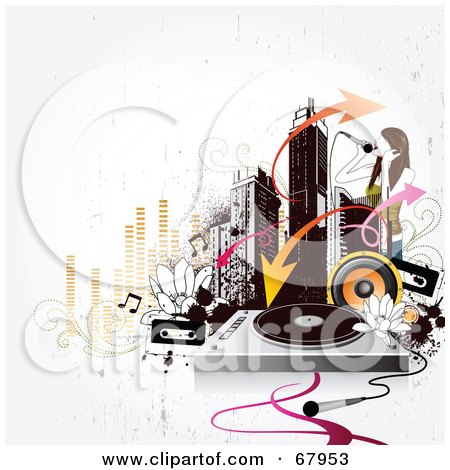 Royalty-Free (RF) Clipart Illustration of a Woman Singing Karaoke, With Skyscrapers, Equalizer Bars And Audio Items by OnFocusMedia