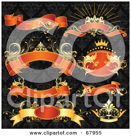 Royalty-Free (RF) Clipart Illustration of a Digital Collage Of Gold And Red Floral Banners And Crown On A Black Patterned Background by OnFocusMedia