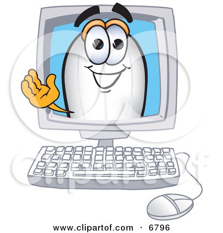 Clipart Picture of a Blimp Mascot Cartoon Character Waving From a Computer Screen by Mascot Junction