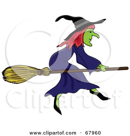 Royalty-Free (RF) Clipart Illustration of a Wicked Witch On Her Broom Stick by Pams Clipart