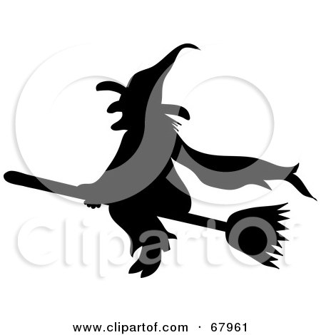 Royalty-Free (RF) Clipart Illustration of a Silhouetted Black Wicked Witch Flying by Pams Clipart