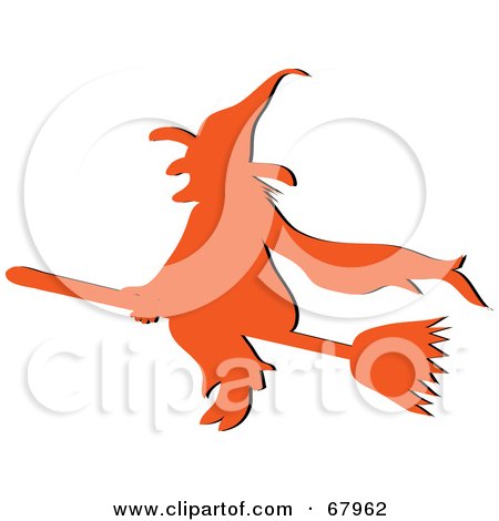 Royalty-Free (RF) Clipart Illustration of an Orange Silhouetted Witch Flying On Her Broom by Pams Clipart