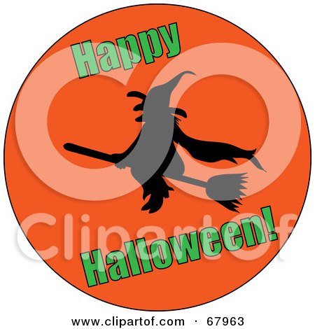Royalty-Free (RF) Clipart Illustration of a Black Flying Witch Silhouette On An Orange Circle With Green Happy Halloween Text by Pams Clipart