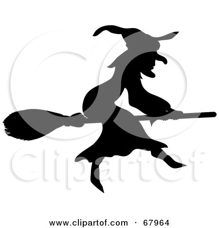 Royalty-Free (RF) Clipart Illustration of a Black Silhouetted Witch On Her Broom Stick by Pams Clipart