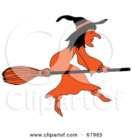 Royalty-Free (RF) Clipart Illustration of a Black And Orange Wicked Witch Flying On A Broom by Pams Clipart