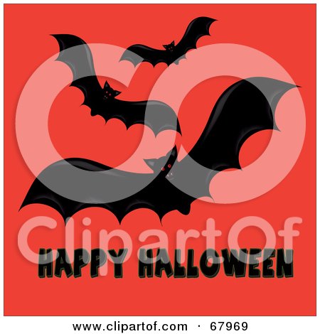Royalty-Free (RF) Clipart Illustration of Red Eyed Bats Over Black Happy Halloween Text by Pams Clipart