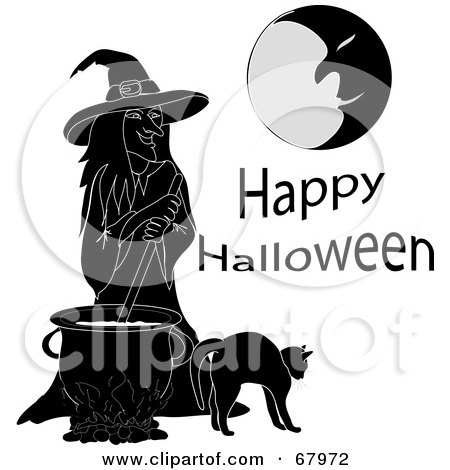 Royalty-Free (RF) Clipart Illustration of a Cat By A Black And White Witch Stirring A Spell In A Cauldron Under A Moon by Pams Clipart