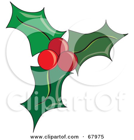 Royalty-Free (RF) Clipart Illustration of Green Christmas Holly With Three Leaves And Three Red Berries by Pams Clipart