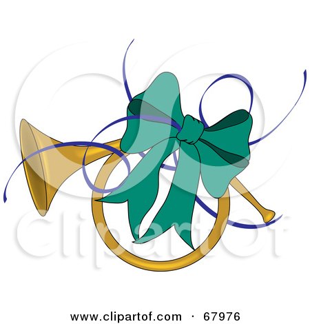Royalty-Free (RF) Clipart Illustration of a Brass French Horn Adorned With A Green Bow And Blue Ribbons by Pams Clipart