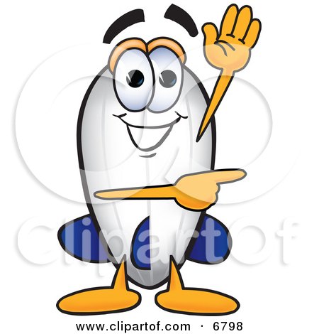 Clipart Picture of a Blimp Mascot Cartoon Character Waving and Pointing to the Right by Mascot Junction