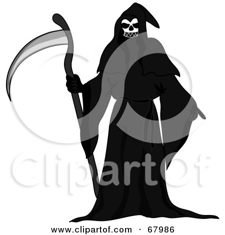 Royalty-Free (RF) Clipart Illustration of a Skeletal Grim Reaper In A Black Cloak And Holding A Scythe by Pams Clipart