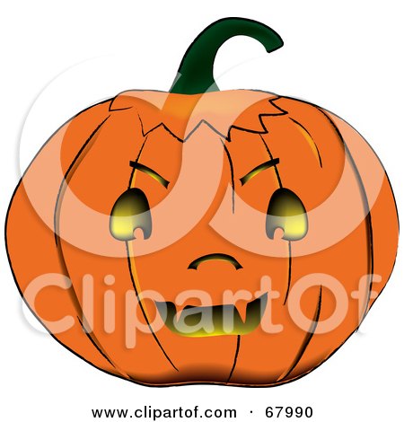 Royalty-Free (RF) Clipart Illustration of a Fanged Orange Jack O Lantern Pumpkin With Yellow Glowing Light by Pams Clipart
