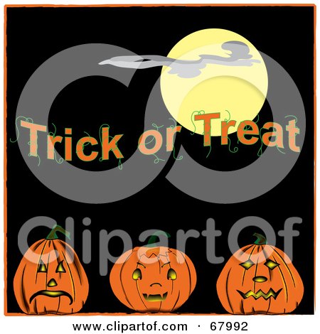 Royalty-Free (RF) Clipart Illustration of a Full Moon And Trick Or Treat Text Over Three Pumpkins by Pams Clipart