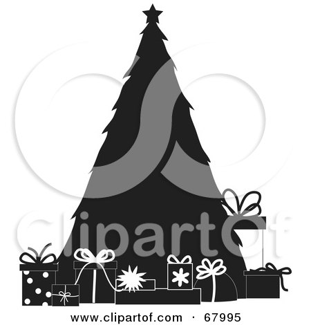 Royalty-Free (RF) Clipart Illustration of Presents Resting Around A Silhouetted Christmas Tree by Pams Clipart