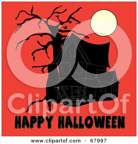 Royalty-Free (RF) Clipart Illustration of a Dark Haunted House And Bare Tree Under A Full Moon, With Black Happy Halloween Text On Orange by Pams Clipart