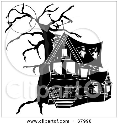 Royalty-Free (RF) Clipart Illustration of a Black And White Haunted House With Spirits In The Windows, Under A Full Moon by Pams Clipart