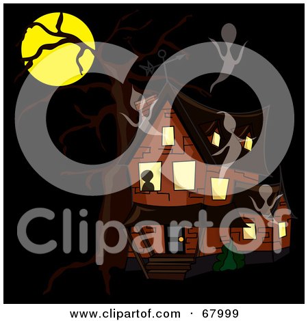 Royalty-Free (RF) Clipart Illustration of Ghosts Flying Around A Haunted House On A Night With A Full Moon by Pams Clipart