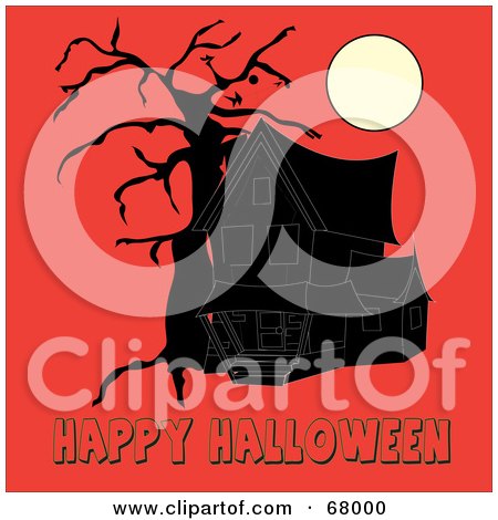 Royalty-Free (RF) Clipart Illustration of a Dark Haunted House And Bare Tree Under A Full Moon, With Happy Halloween Text On Orange by Pams Clipart