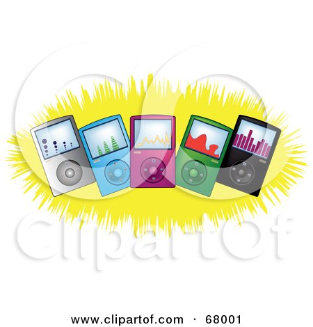 Royalty-Free (RF) Clipart Illustration of Colorful Mp3 Players On A Yellow Burst by Pams Clipart