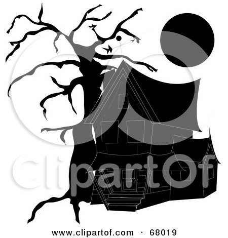 Royalty-Free (RF) Clipart Illustration of a Dark Black Haunted House, Under A Full Moon And Bare Tree by Pams Clipart