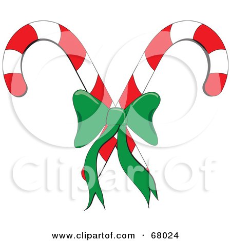 Royalty-Free (RF) Clipart Illustration of Crossed Christmas Candy Canes With A Green Bow by Pams Clipart