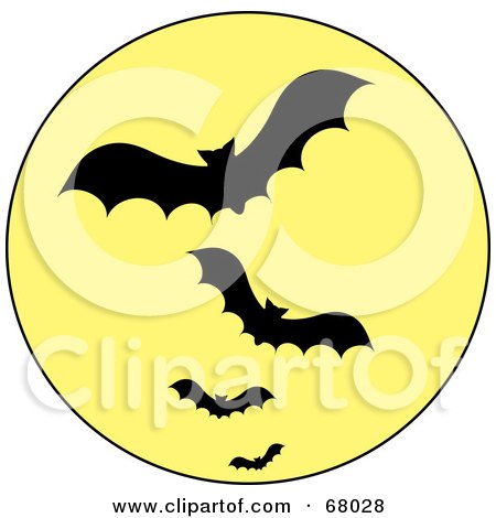 Royalty-Free (RF) Clipart Illustration of a Line Of Vampire Bats Silhouetted Against A Full Yellow Moon by Pams Clipart