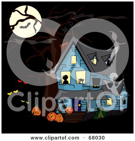 Royalty-Free (RF) Clipart Illustration of a Blue Haunted House With Ghosts, Creepy Eyes And Pumpkins Under A Full Moon by Pams Clipart
