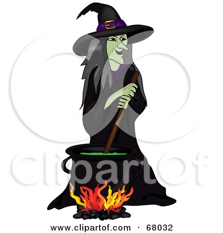 Royalty-Free (RF) Clipart Illustration of a Wicked Witch Stirring A Spell In A Cauldron by Pams Clipart